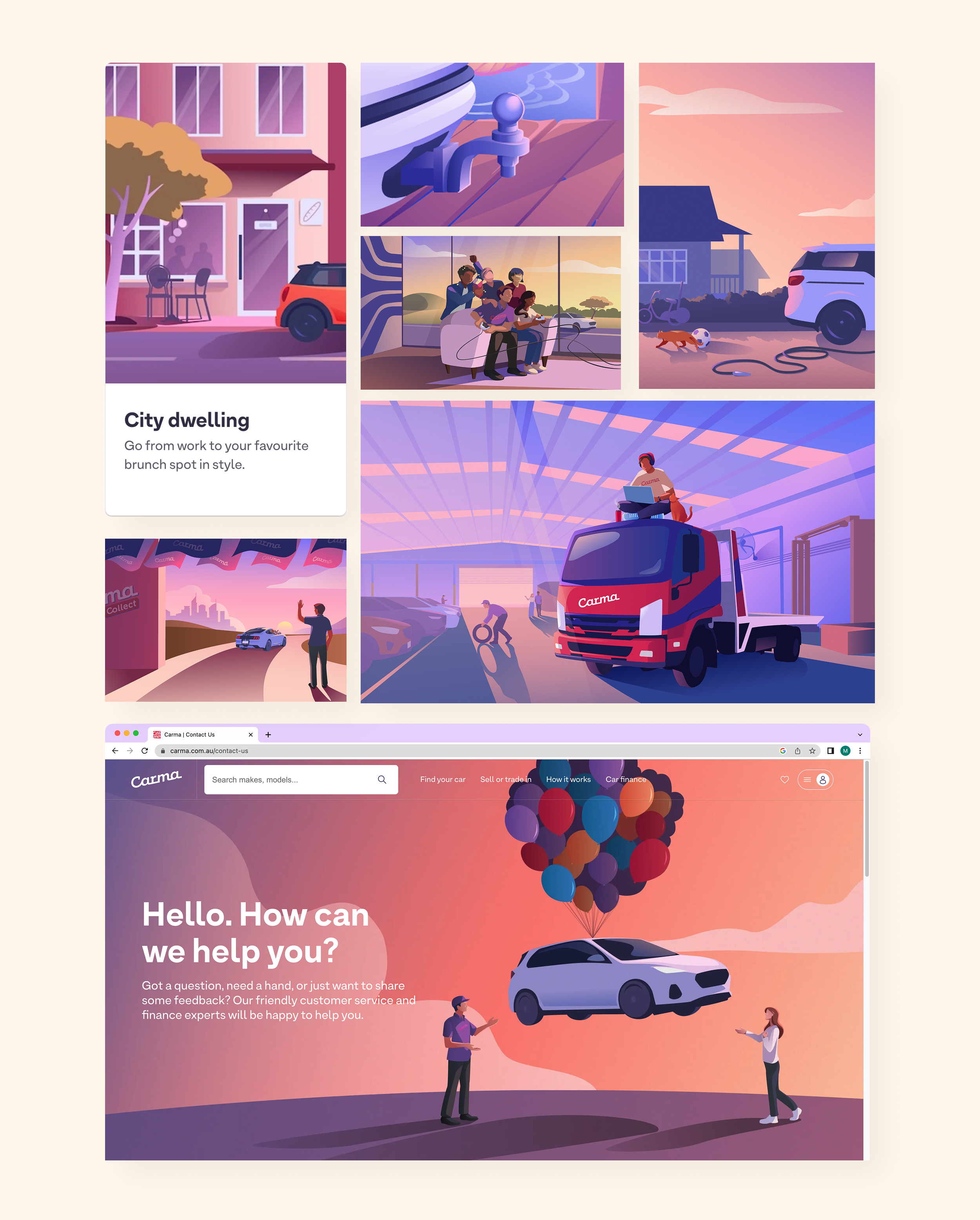 Grid of finished Carma illustrations: houses, cars, a delivery truck, and a landing-page hero, all in warm sunset tones.